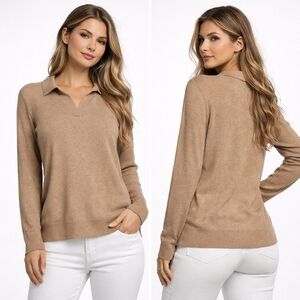 J CREW Polo Sweater Womens Medium Tan Cotton Preppy Classic Capsule Wardrobe